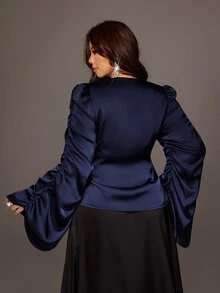 Viva Relle Plus-Size Sexy Bow Navy Blue Shirt - Navy Blue - View 6