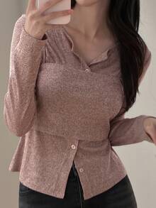 DAZY Solid Color Fitted Long Sleeve Cardigan & Short Camisole Casual Vacation Korean Style Daily Spring Autumn Women's 2 Pieces Set - Pink - View 5