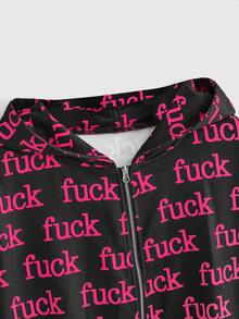 ROMWE Autumn/Winter Punk Slogan Street Print Open Front Hooded Sweatshirt - Hot Pink - View 3