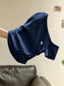 INAWLY 女款休閒不對稱領口刺繡印花短袖修身T恤 - 藏蓝色 - 查看 5