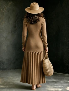 Breezaya Autumn/Winter Elegant Fashion Half-Open Front Vintage Patchwork Pleated Long Sweater Dress For Women - Mocha Brown - View 2