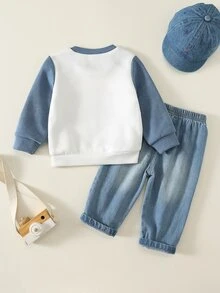 SHEIN 2件組男嬰秋冬休閒拼色運動衫與牛仔長褲套裝，運動衫套裝，牛仔套裝，嬰兒套裝 - 彩色 - 查看 2