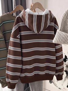 SHEIN EZwear 復古棕色條紋學院風女款連帽衫，-靈感條紋套裝，秋冬風格，適合日常通勤、約會、聚會、秋冬、夏季、派對、婚禮、海灘、畢業典禮等場合，優雅休閒，適合出遊、Y2K風格、音樂節等場景 - 彩色 - 查看 2