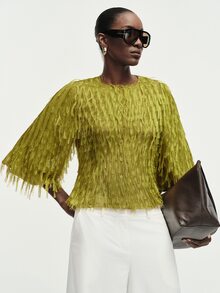 Aveloria Modichic Women's Blouse Slim Fit Flare Sleeve Fringe Textured Button Front Round Neck Modern Green Blouses For Women Green Top Fringe Top Fall Tops - Green - View 1
