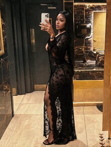 BamGleam Women's Lace Patchwork Split Design Sexy Party Night Out Club Dress Halloween Black Floral Fall - Black - View 5