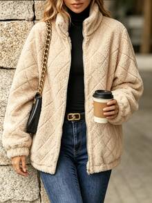 Balvessa Women's Minimalist Fashion Zipper Long Sleeve Jacket For Daily Wear - Apricot - View 3