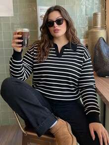 Livesso Fun Commuter Colorblock Patchwork Polo Collar Casual Short Sleeve Plus Size Women Spring Summer Knit Top - Black and White - View 3