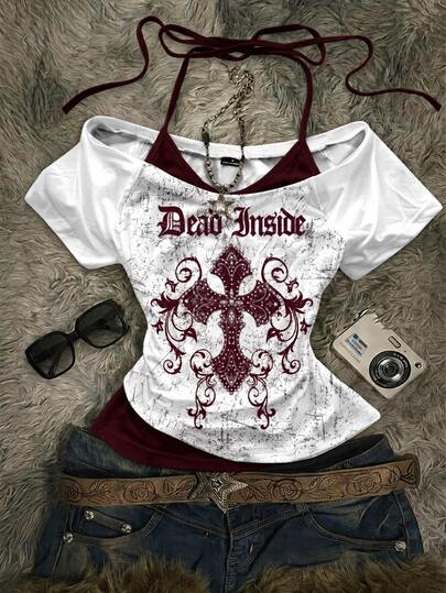 Attitoon Casual Minimalist Burgundy Cross Pattern 2 In 1 T-Shirt Suitable For Summer And Autumn
