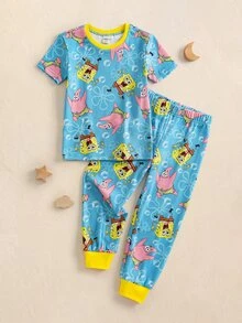 SpongeBob SquarePants | SHEIN 小男孩圓領卡通角色印花T恤與長褲家居服套裝 - 藍色 - 查看 1