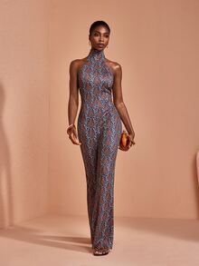 JIAN LASALA All-Over Print Halter Neck Tie Sleeveless Flared Leg Women Summer Jumpsuits Boho Casual - Multicolor - View 4