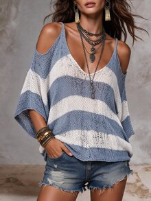 SHEIN Clasi Plus Size Striped Colorblock Cold Shoulder Fashion Knit Top - Baby Blue - View 10