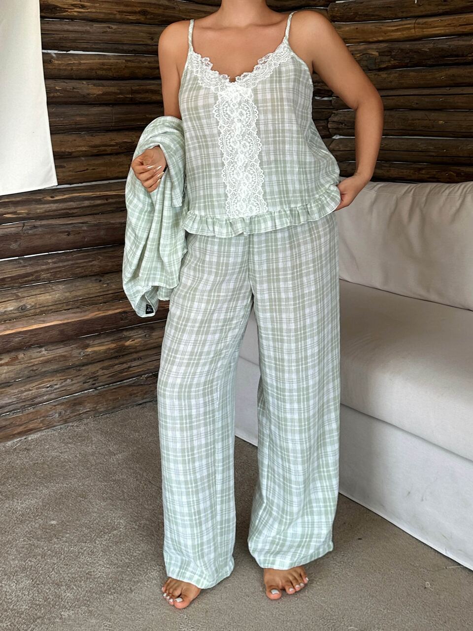 Dazy Plus Fashion Plaid Contrast Lace Cardigan & Pants 3-Piece Set Home Wear Spring Summer Autumn Pajama Outfit