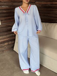 Dazy Plus Contrast Trim Cardigan Long Sleeve Top & Straight Leg Long Pajama Pants 2pcs Set Sleepwear Outfit - Baby Blue - View 8