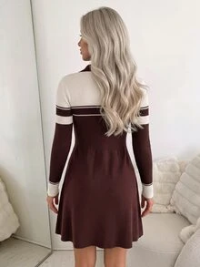 Easowa Women's Fashion Striped Colorblock Long Sleeve Sweater Dress - Brown - View 4