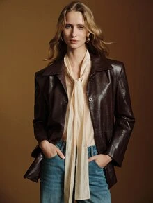 Anewsta Essential Blazer Wanita Kasual Modern Fashion Musim Gugur/Dingin, Warna Cokelat Kopi Maillard dengan Panel Struktur PU untuk Perjalanan Sehari-hari - Coffee Brown - View 1