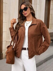 EMERY ROSE Women's Solid Color Long Sleeve Zip-Up Casual Regular Fit Jacket - Brown - View 1
