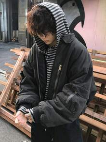 DAZY Autumn/Winter Striped Woolen Black & Grey Placket Button Design Men's Hoodie - Multicolor - View 5