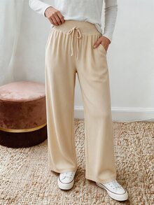 Holdful Holdful Women's Shirred Waist Ribbed Casual Long Pants For Home Wear - Apricot - View 3
