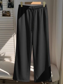 SHEIN EZwear 女款棉混紡秋冬抓絨內裡極簡前綁帶寬鬆運動長褲，休閒日常穿搭，適合返校季、秋冬風格，適用日常通勤、約會、聚會、秋冬、夏季、派對、婚禮、海灘、畢業典禮等場合，優雅休閒，適合出遊、Y2K風格、音樂節及其他活動、萬聖節 - 黑色 - 查看 4