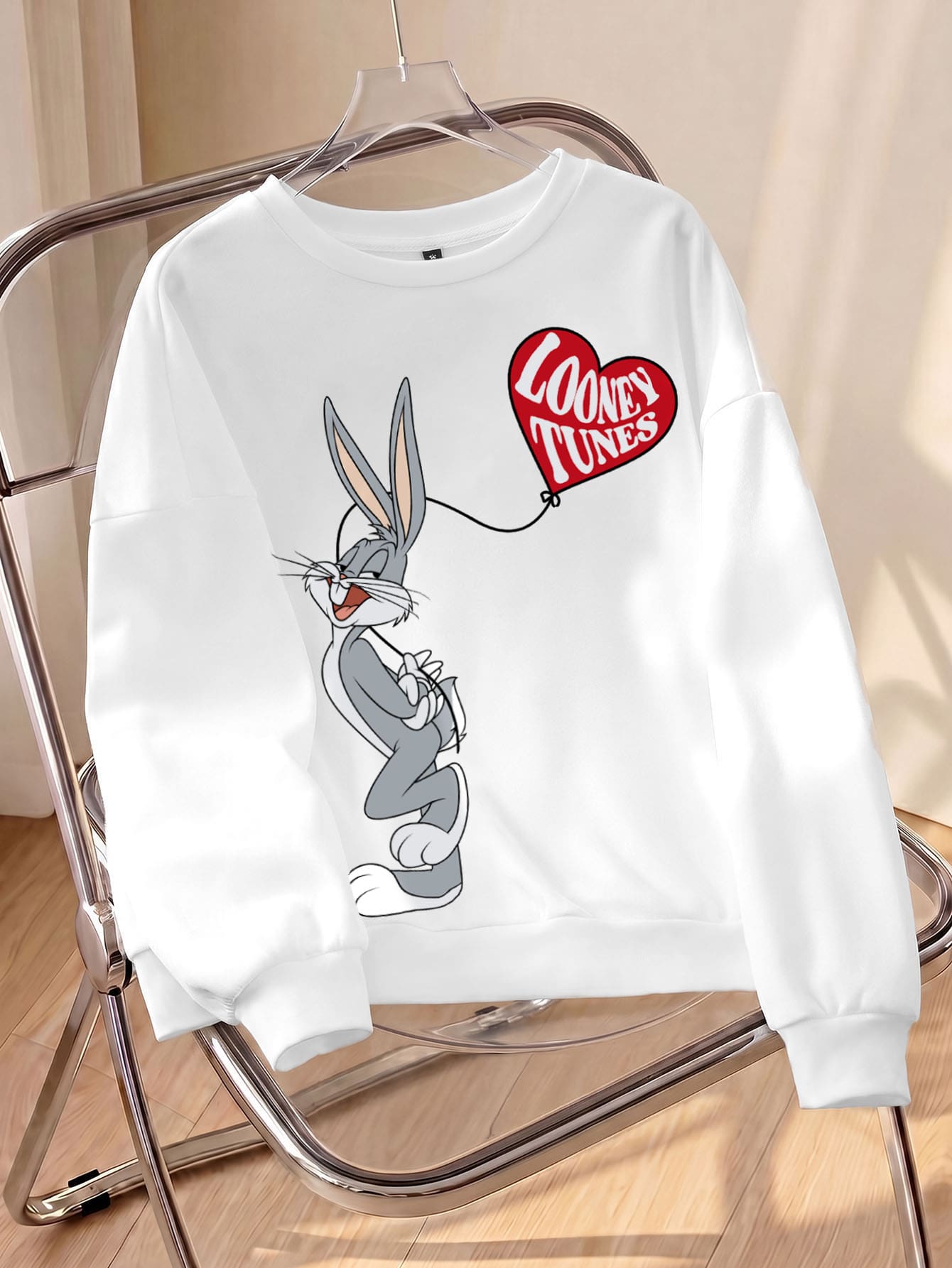 LOONEY TUNES X SHEIN Women's Casual Cartoon Print Crew Neck Long Sleeve Sweatshirt - White - View 1