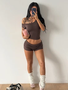 Coolane Women's Summer/Fall Sport Going Out Gym Going Out Yoga Off Shoulder And Sweater Shorts Black 2Pcs - Brown - View 5
