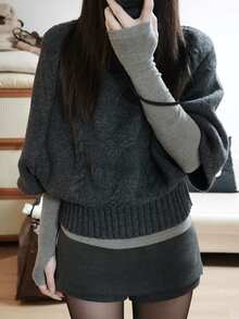 DAZY Dark Gray Cable Knit Crew Neck 2 In 1 Patchwork Loose Batwing Sleeve Long Sleeve Casual Knit Sweater - Grey - View 1