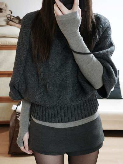 DAZY Dark Gray Cable Knit Crew Neck 2 In 1 Patchwork Loose Batwing Sleeve Long Sleeve Casual Knit Sweater