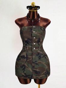 Mistrie Women's Outdoor Street Fashion Strapless Button-Front Multi-Pocket Camouflage Army Green Sexy Denim Dress - Army Green - View 1