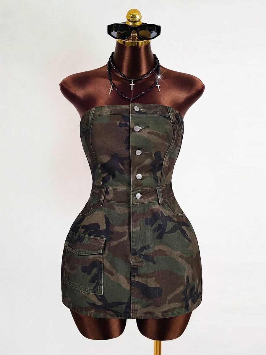 Mistrie Women's Outdoor Street Fashion Strapless Button-Front Multi-Pocket Camouflage Army Green Sexy Denim Dress - Army Green - View 1