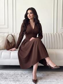 Feyla Women's Solid Color Elegant Daily Business Commute V-Neck Midi Dress - Brown - View 3