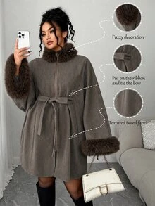 Modelyn Plus Size Vintage Faux Fur Collar Zipper Tie Coat For Vacation - Coffee Brown - View 1