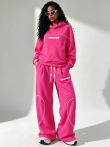 SHEIN Core Rhythm Women's Letter Pattern Hooded Long Sleeve Sweatshirt & Sweatpants Casual Daily Sports Set - Rose Red - View 1