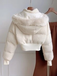 Comfortcana Women's Versatile Elegant Faux Fur Patchwork Hooded Thick Coat - White - View 2