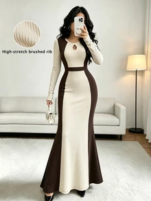 Elenzga Mature Style Slimming Ceiling Coffee & Beige Contrast Vertical Ribbed Fitted Dress, Vintage Hollow Neckline Mermaid Tail Dress - Multicolor - View 8
