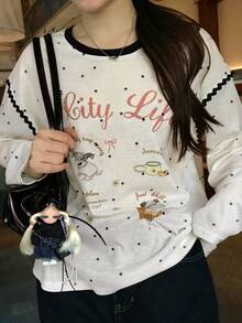 Dazy Plus Letter Print Cartoon Pattern Loose Fit Korean Style Long Sleeve White T-Shirt - White - View 3