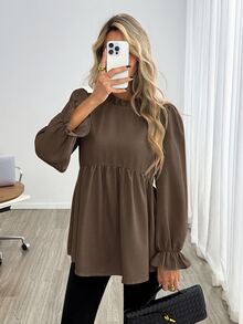 Easowa Women's Solid Color Pleated Casual Daily Long Sleeve Shirt - Brown - View 3