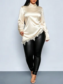 SOLERSUN Plus Size Satin High Neck Long Sleeve Blouse Asymmetrical Lace Office Brunch Date Daily Streetwear - Apricot - View 4
