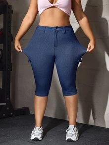 Flexra Festival Y2K Plus Size Women's Blue Stretch Sexy Tight Capris Denim Pants - Dark Wash - View 5