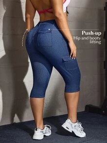 Flexra Festival Y2K Plus Size Women's Blue Stretch Sexy Tight Capris Denim Pants - Dark Wash - View 7