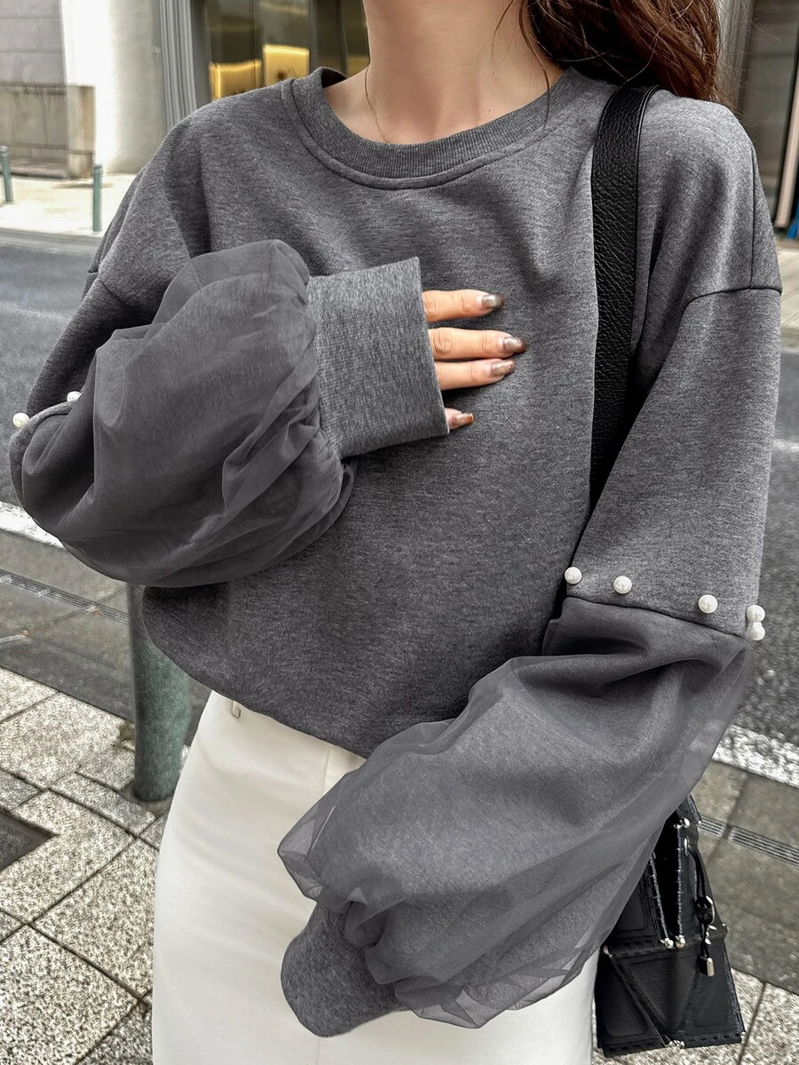 FRIFUL Women's Solid Color Faux Pearl Decor Casual Daily Long Sleeve Sweatshirt - Grey - View 1