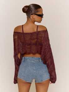 MUSERA Sheer Textured Knitted Long Sleeve Crop Top Beachwear Cute Festival Spring - Burgundy - View 5