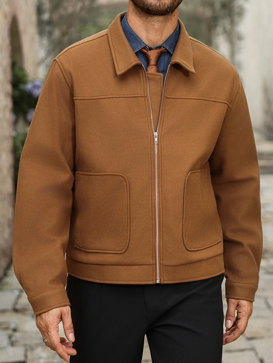 Manfinity Mode Men's Solid Color Wool Blend Jacket With Turn Collar, Minimalist Zipper Short Jacket, Autumn/Winter Business Casual Versatile Commuter Outerwear, Suitable For Halloween, Christmas, New Year, Gift. - Brown - View 1