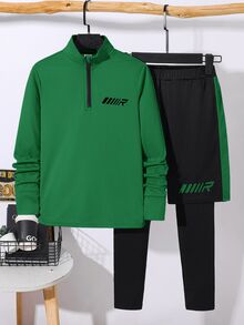 SHEIN 兒童青少年男孩休閒運動立領半拉鍊聖誕綠長袖黑色2合1防走光褲舒適運動服適合通勤上學日常休閒旅行適合運動適合春夏秋冬季節 - 墨綠色 - 查看 4