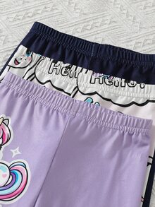 3件組秋冬少女時尚可愛獨角獸印花卡通圖案長褲，舒適牛奶絲面料加絨加厚內裡打底褲 - 彩色 - 查看 4