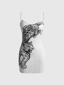 Sweetness Women's Hoodie Sweatshirt & Camisole Dress 2pcs Set Grey Leopard Print - Grey - View 6