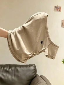 INAWLY 女款不對稱領刺繡胸前抓皺腰短版T恤 - 卡其色 - 查看 3
