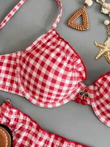 Swim Mod Women's Sweet Cute Lace Trim Fresh Cherry Print Swimsuit Set - Red - View 1