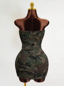 Mistrie Women's Outdoor Street Fashion Strapless Button-Front Multi-Pocket Camouflage Army Green Sexy Denim Dress - Army Green - View 2