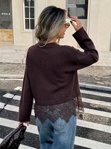 Serisse 女款純色圓領蕾絲飾邊針織衫，適合約會、度假、派對、日常外出、聚會、戶外活動 - 咖啡棕 - 查看 2