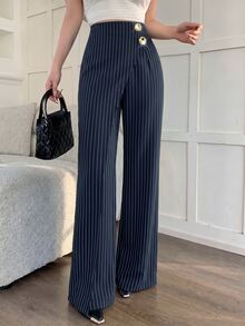 Modelyn Commuter Elegant Striped Criss-Cross Design Metal Button Decor Wide Leg Long Pants - Navy Blue - View 5